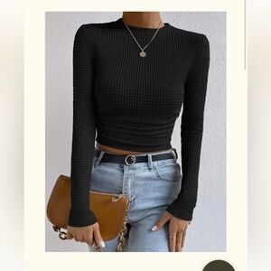 Black Waffle Knit Long-Sleeve Crop Top